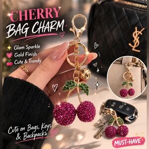 Sparkly Cherry Bag Charm Keychain 🍒 Y2K Glam Rhinestone Gold Cute Purse Charm